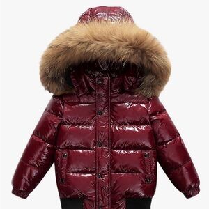 Children's Maroon Puffer Jacket with Faux Fur Trim